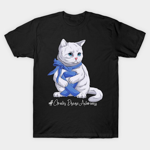 Cute Cat Graves Disease Awareness Month Blue Ribbon Survivor Survivor Gift Idea T-Shirt by Coolingburry